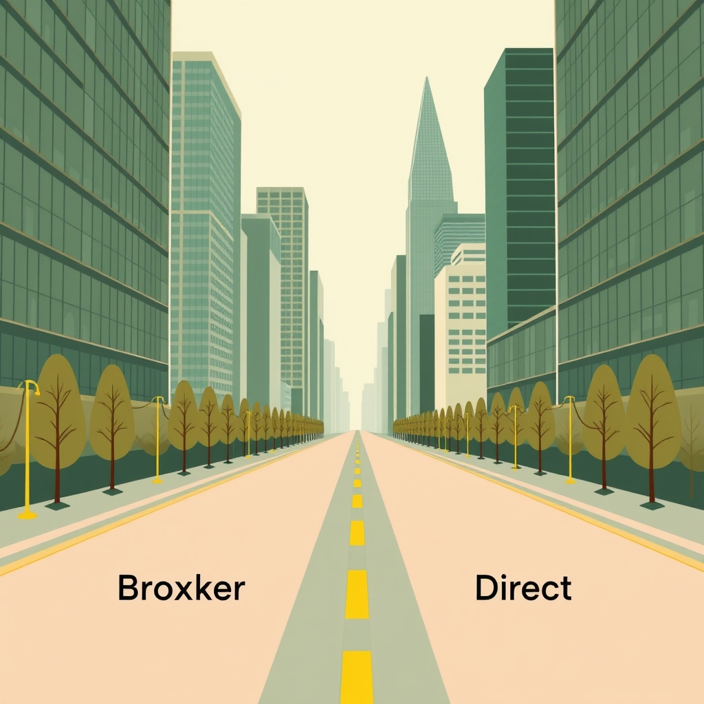 Two paths in a financial district labeled Broker and Direct, representing two ways to find a private lender.