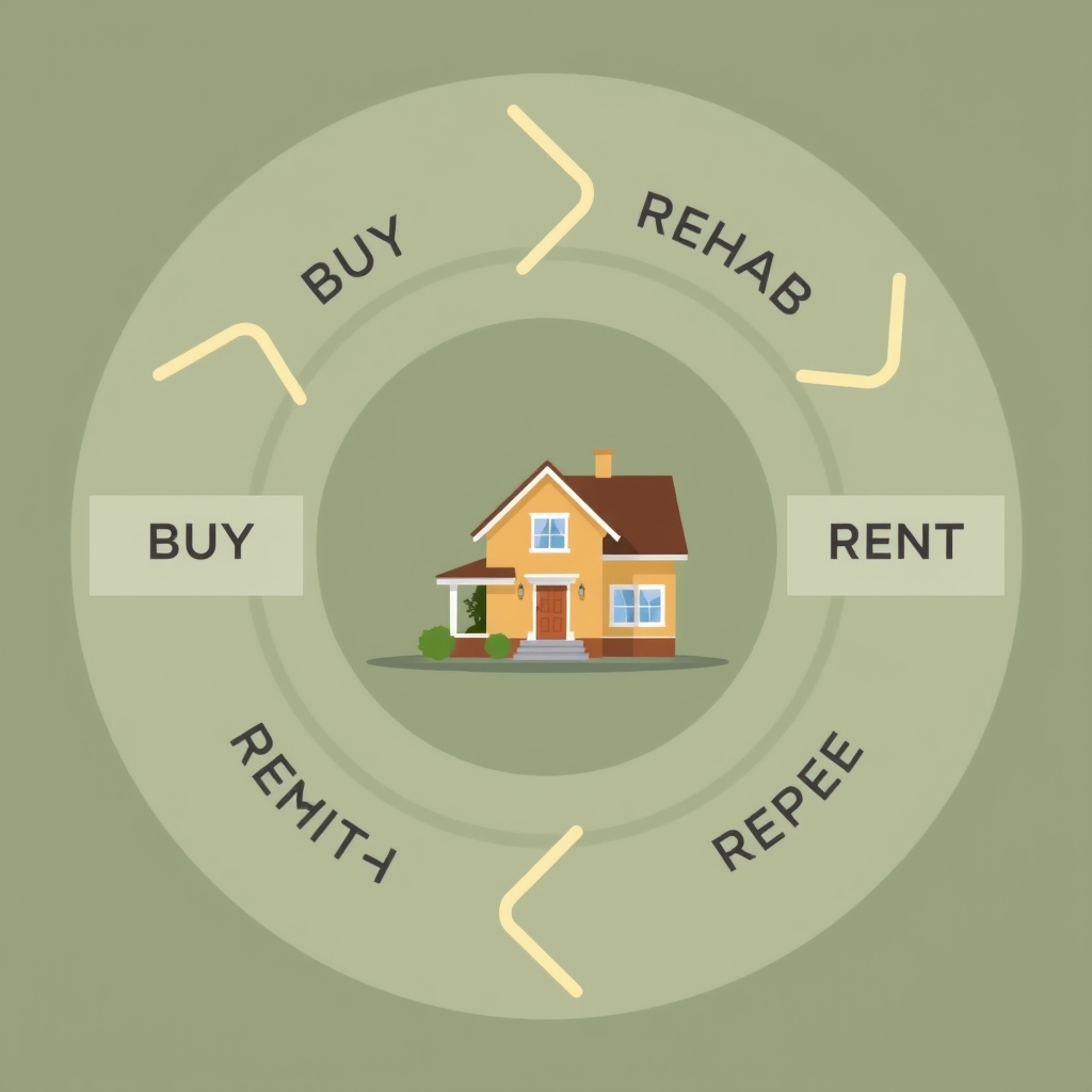A BRRRR cycle diagram with a renovated home at the center, illustrating the repeatable strategy.