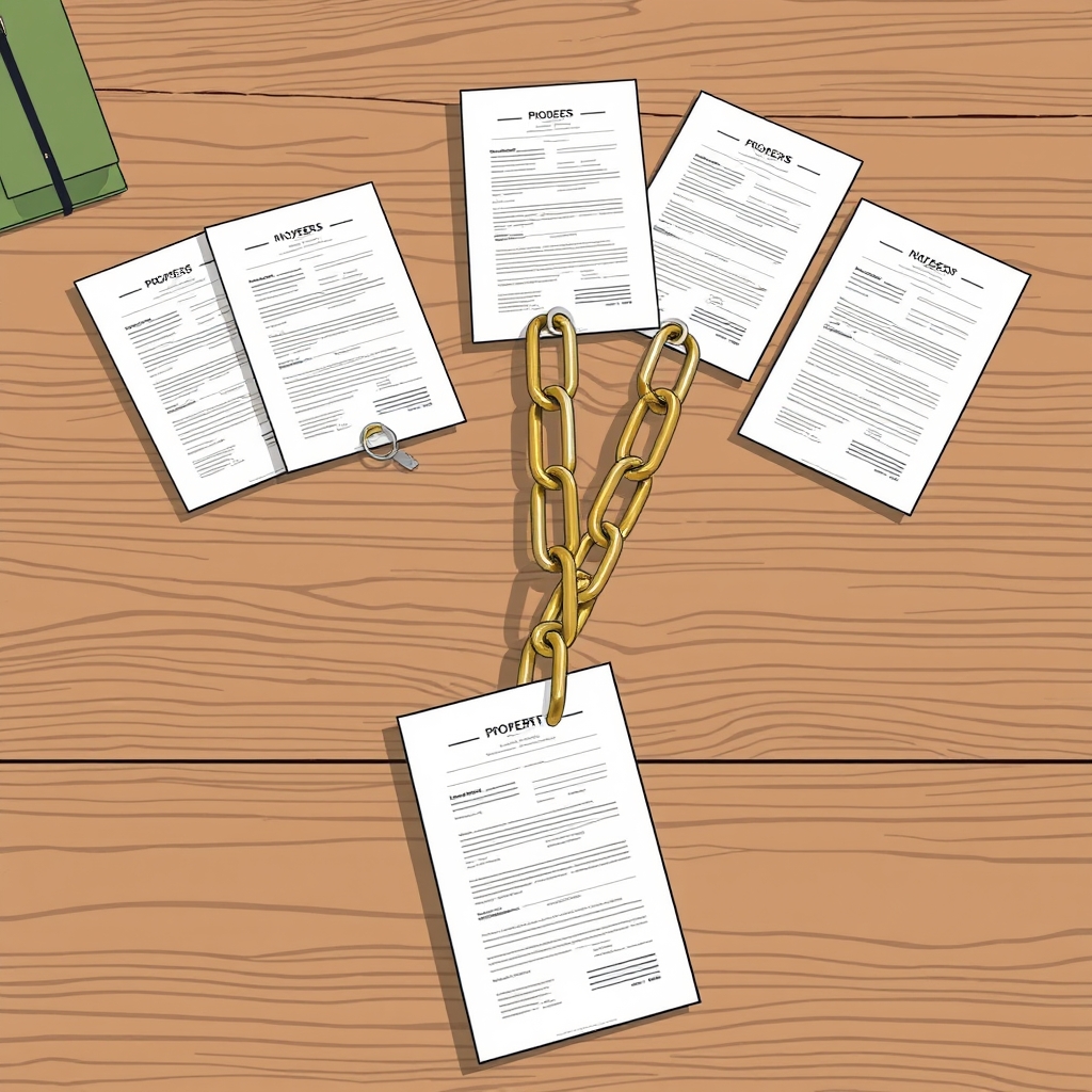 Multiple property deeds linked by a chain, symbolizing cross-collateralization.