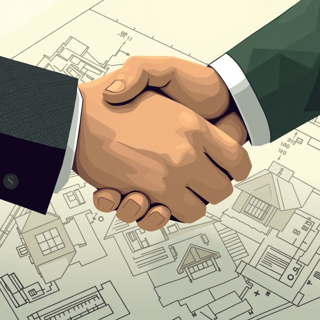 Handshake over blueprints, symbolizing a hard money loan agreement for a real estate project.
