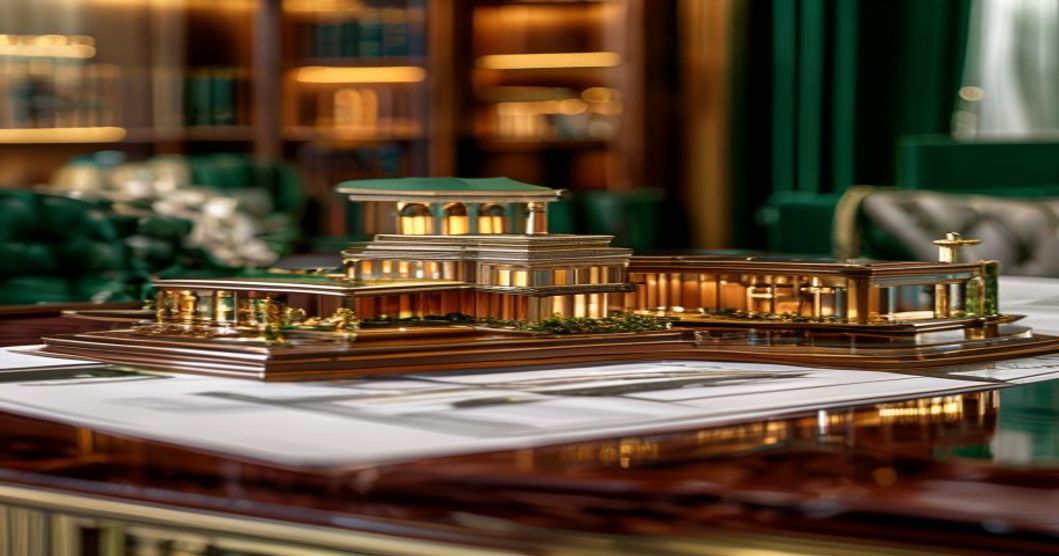An architectural model on a boardroom table, symbolizing strategic real estate investment for family offices.