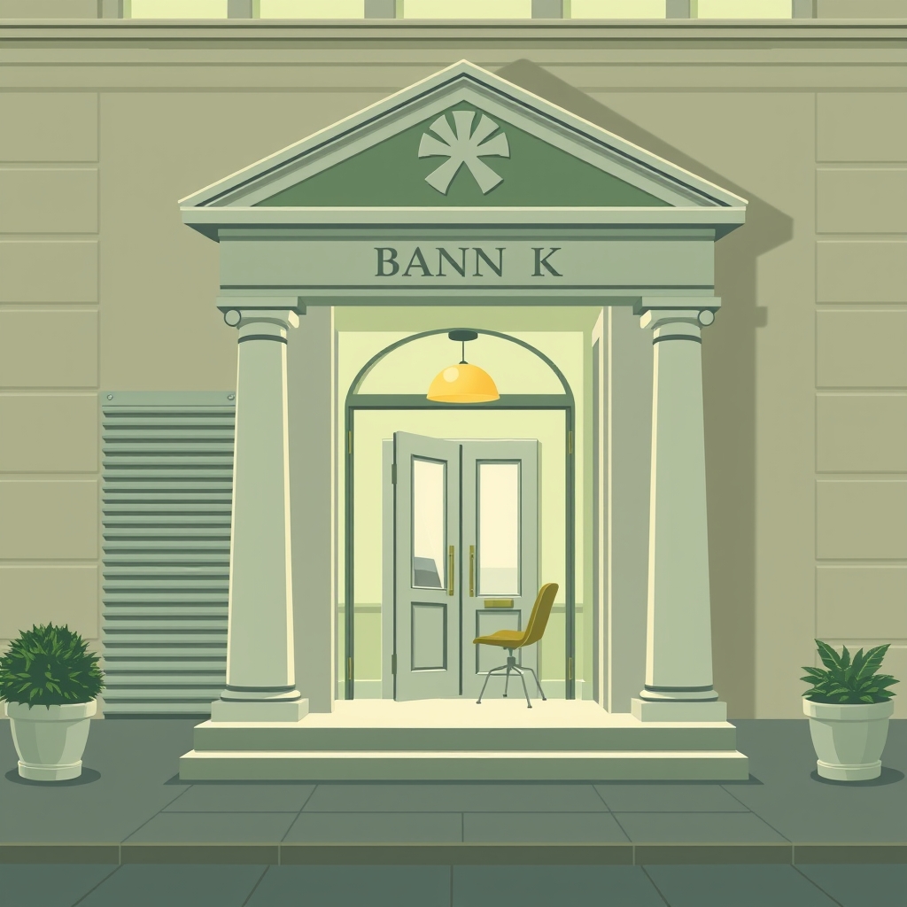 A closed bank next to an open private lending office, symbolizing alternative finance during downturns.