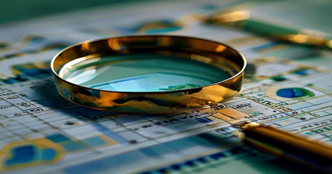 A magnifying glass over property blueprints and financial charts, symbolizing LTV analysis.