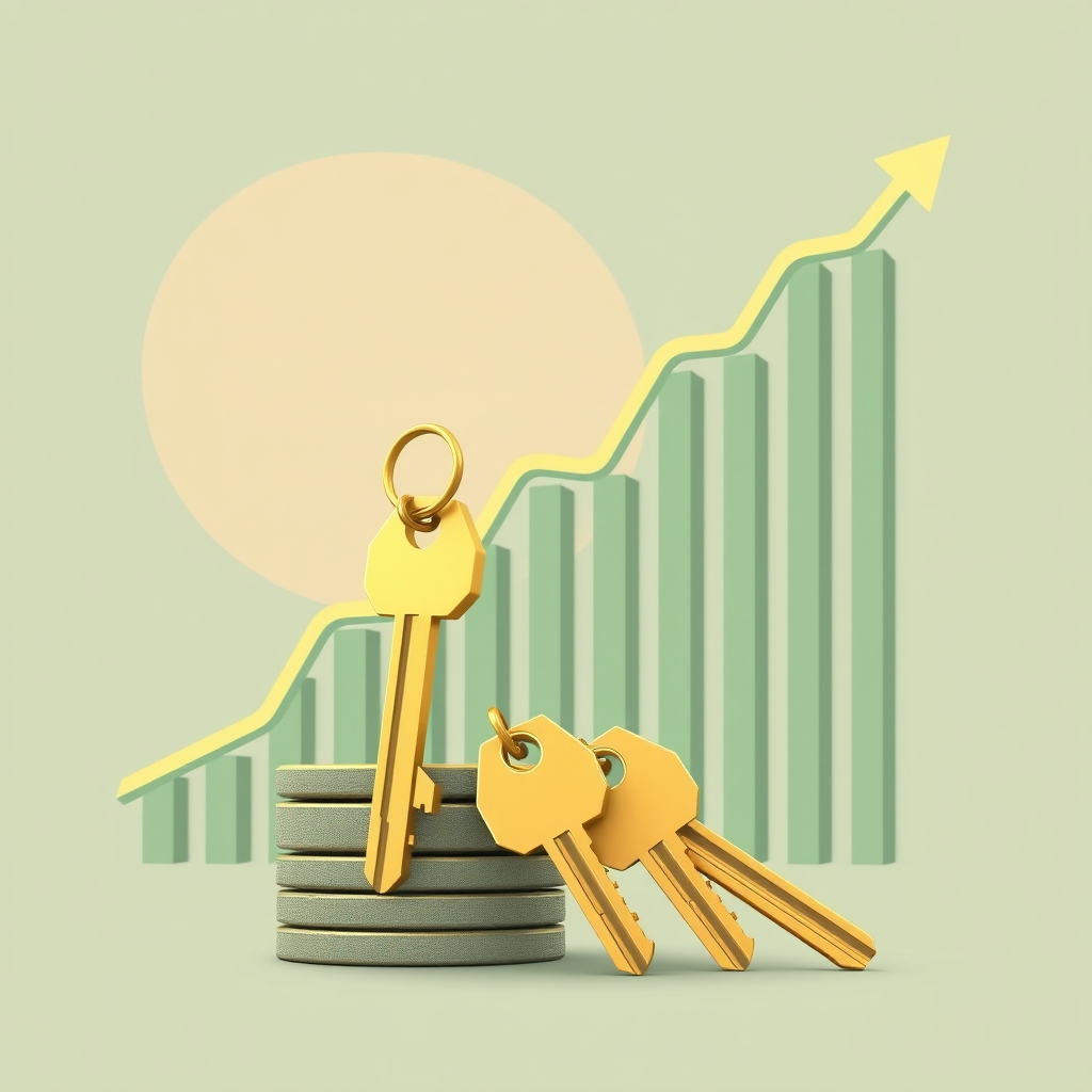 A growing stack of property keys with a rising portfolio chart, illustrating scaling with hard money.