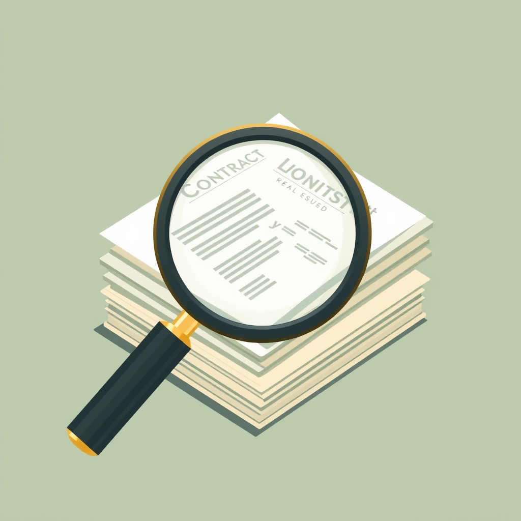 A magnifying glass over legal contracts, symbolizing due diligence on a private lender.