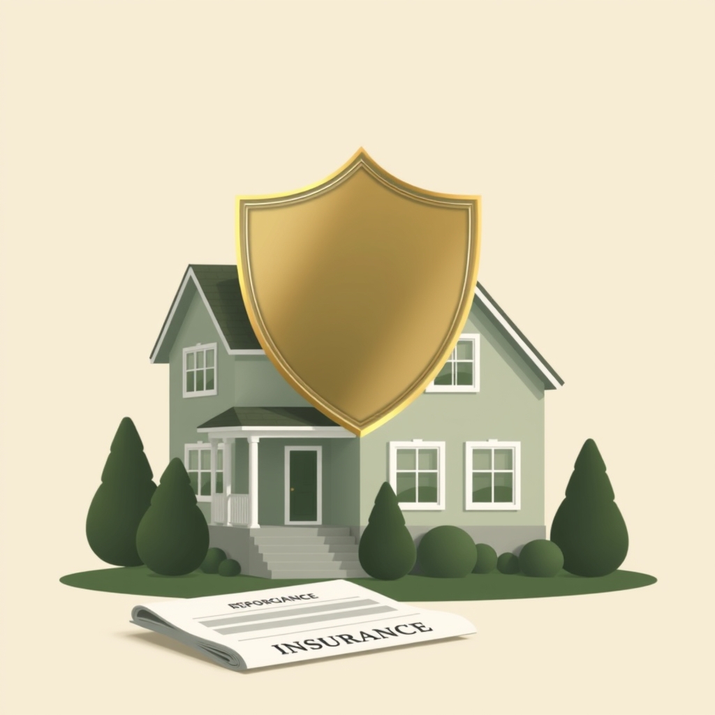 A protective shield over a home with insurance documents, symbolizing property protection.