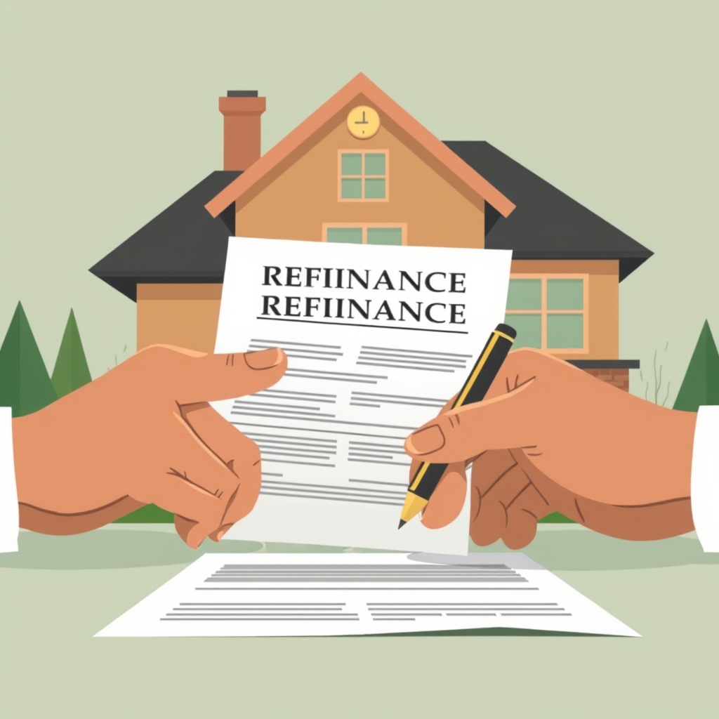 Hands signing a mortgage refinance agreement with a renovated house in the background.