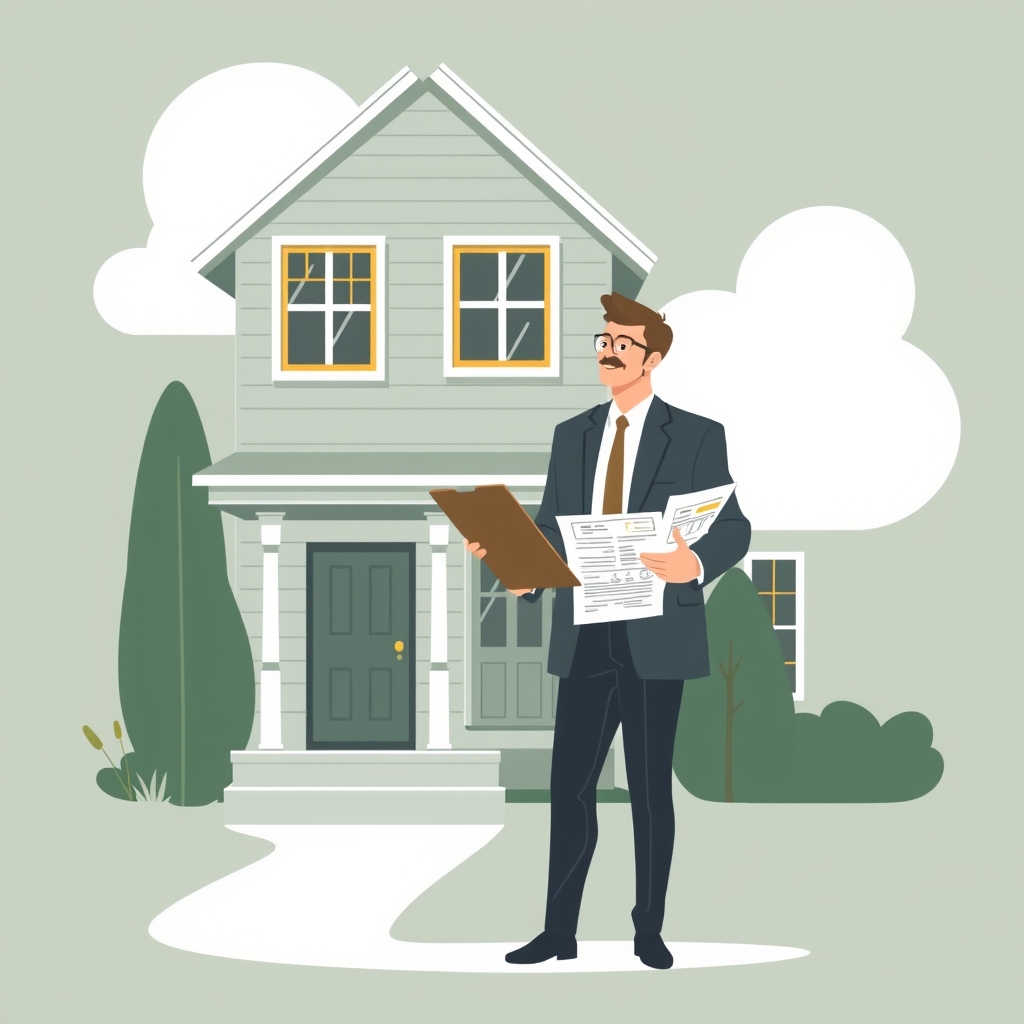 An investor inspecting a fixer-upper home with a clipboard, evaluating renovation potential.