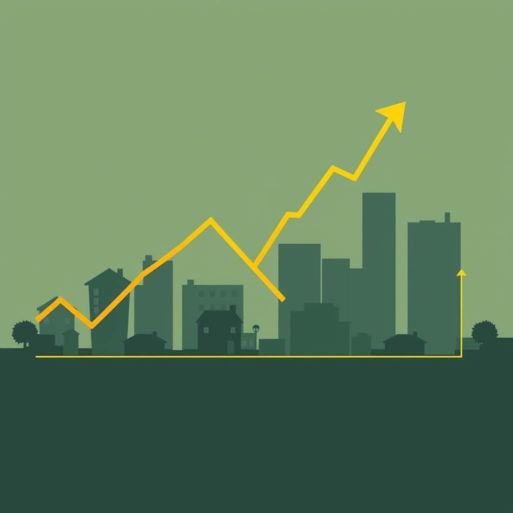 A financial chart of rising interest rates with real estate properties in the background.