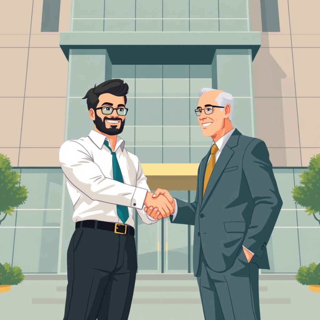 A confident investor shaking hands with a private lender in front of a modern office, symbolizing a trusted lending partnership.